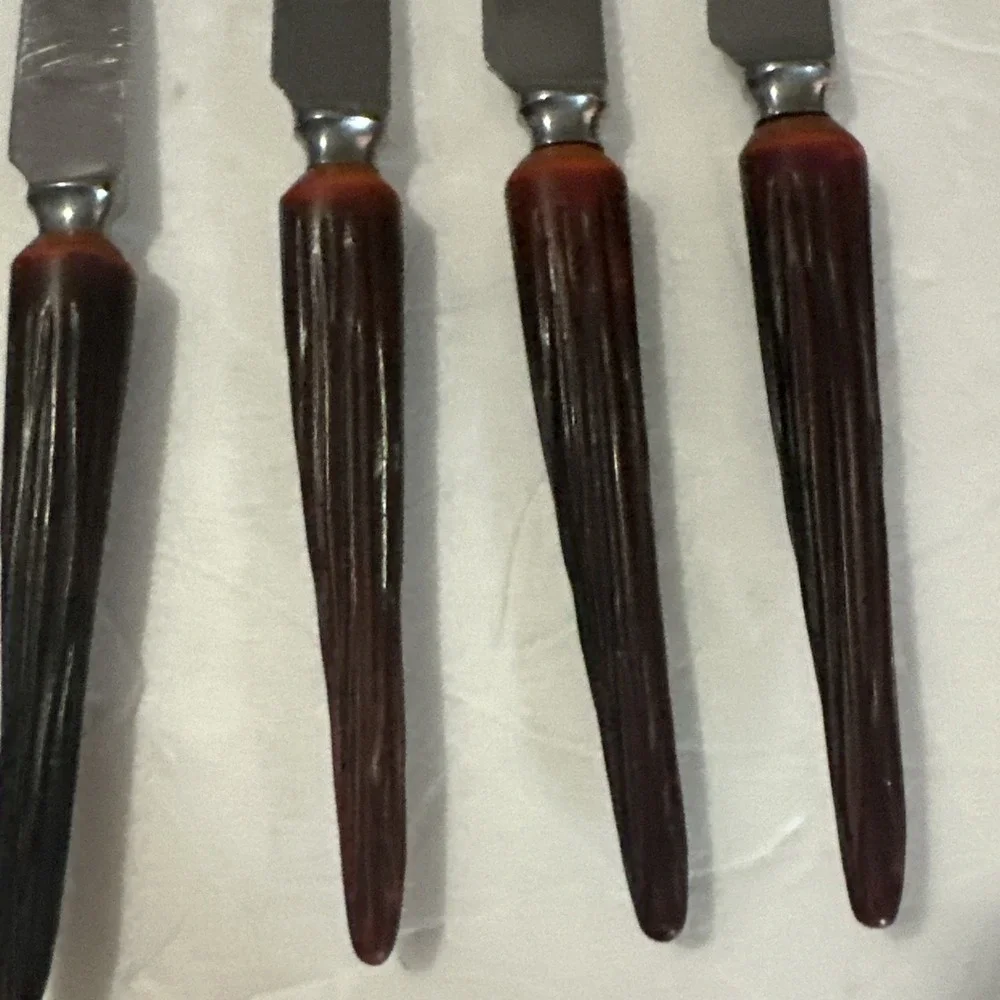 6 VTG Mid Century Sheffield England Stainless Steak Knive Faux Stag Horn Handles